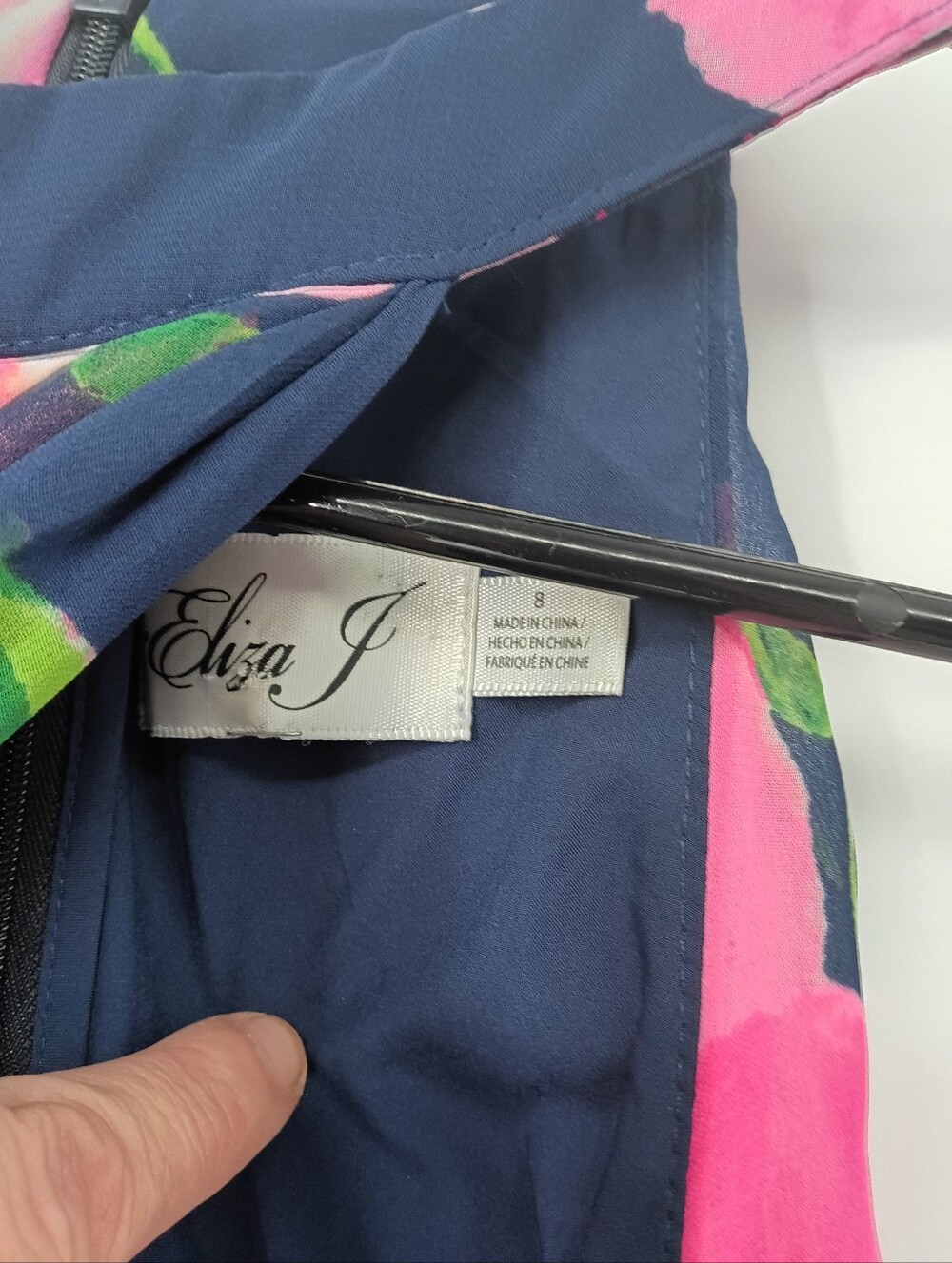 Eliza J Navy Halter Chiffon Maxi Dress w Pink Floral & Ruffle Drop Collar Size 8 - Picture 3 of 6
